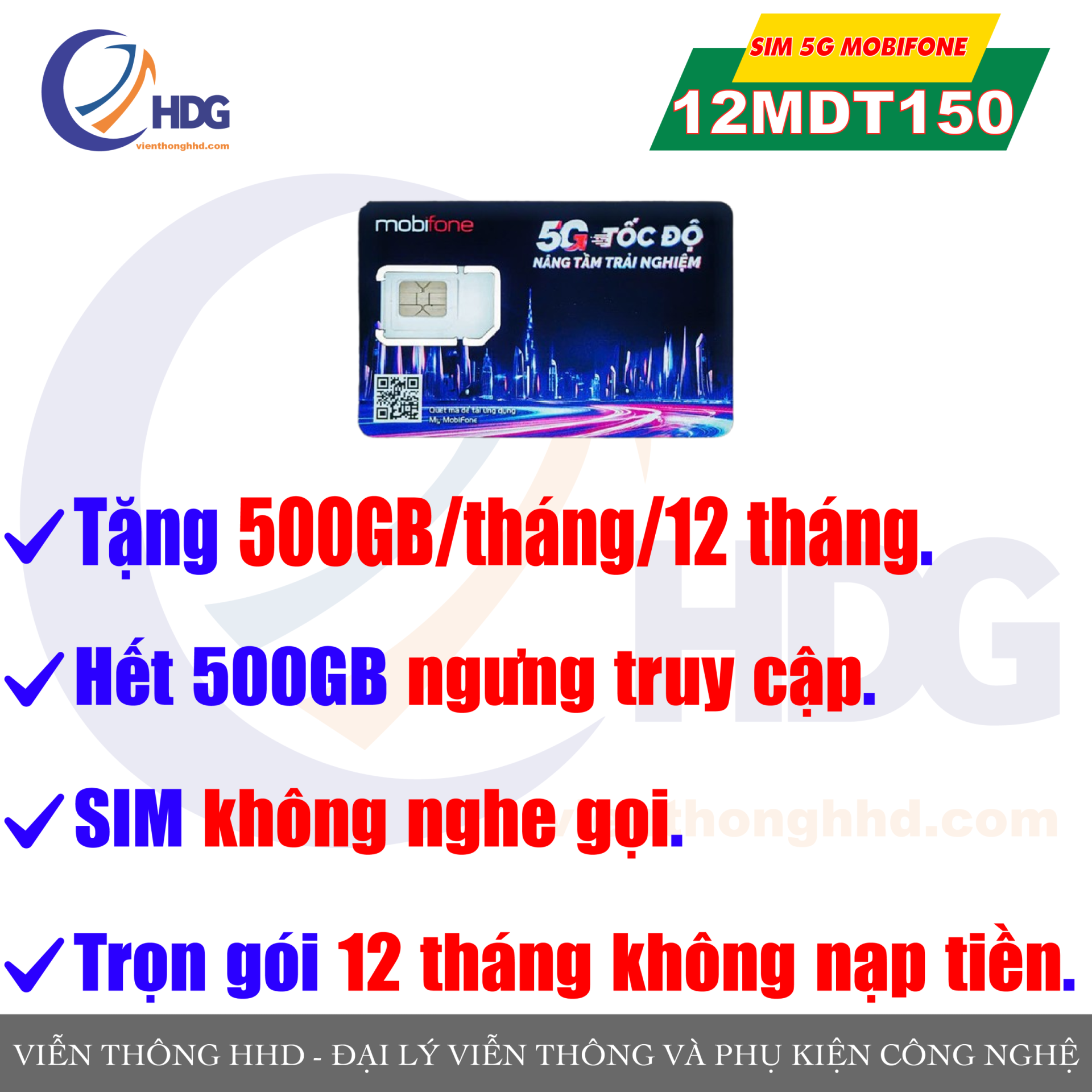 SIM 4G/5G Mobifone MDT150 - tặng 500gb/tháng/12 tháng - trọn gói không nạp tiền - Viễn thông HHD