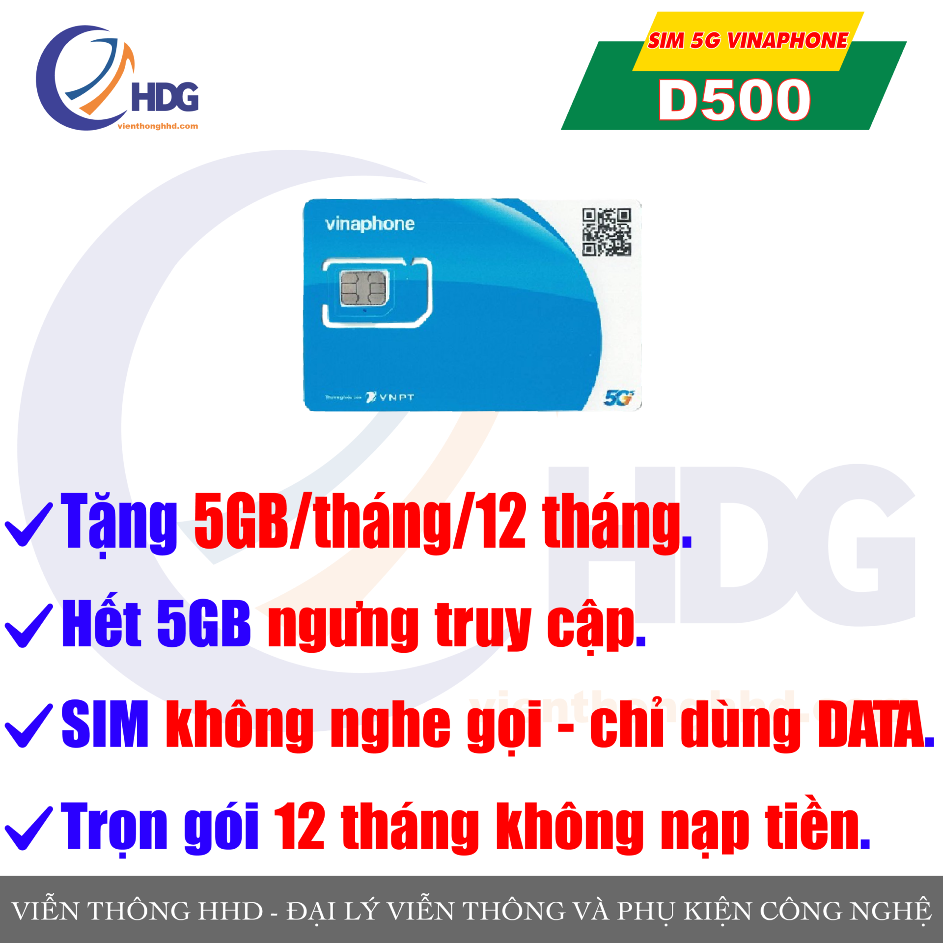 SIM 4G/5G Vinaphone D500 - tặng 5GB/tháng/12 tháng - trọn gói 1 năm không nạp tiền - Viễn Thông HDG