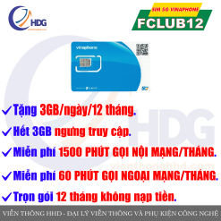 Sim 4G/5G Vinaphone FCLUB12 – Tặng 3gb/ngày/12 tháng – trọn gói 1 năm không nạp tiền – Viễn Thông HHD