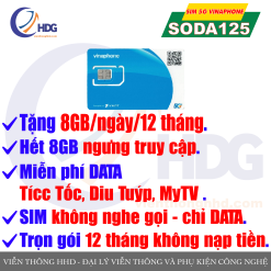 Sim 4G/5G Vinaphone SODA125 – Tặng 8gb/ngày/12 tháng (có phân loại 3 tháng) – trọn gói 1 năm không nạp tiền – Viễn Thông HHD