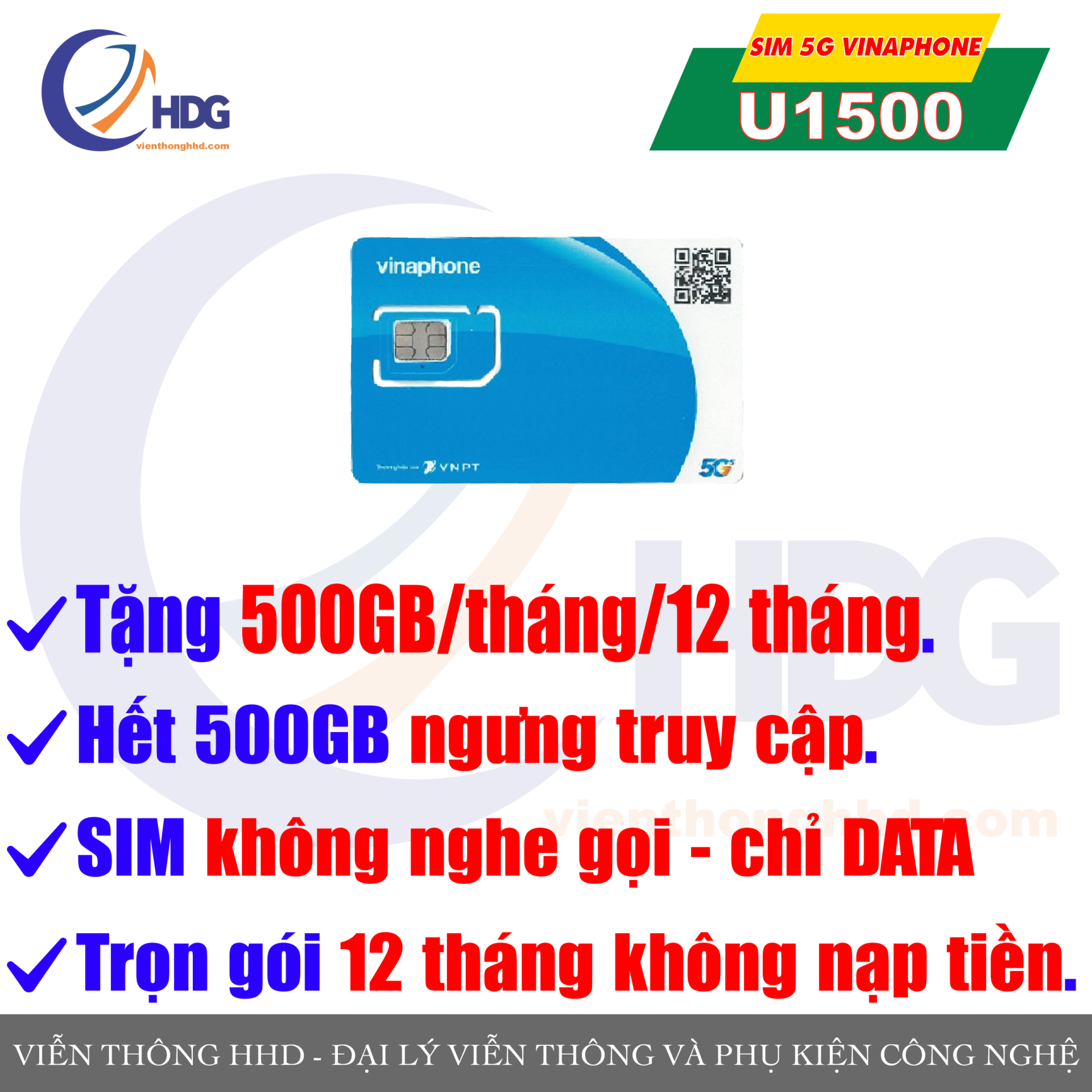 SIM 4G/5G Vinaphone U1500 - tặng 500gb/tháng/12 tháng - trọn gói không nạp tiền - Viễn thông HHD